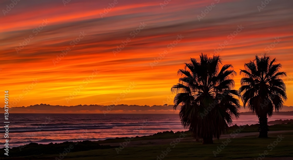 Obraz premium A vibrant orange and red sky at dawn with silhouettes of palm trees along the coast, AI Generated