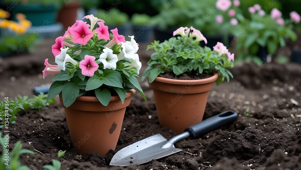 Two pots adorned with pink and white flowers, creating a bright and inviting floral display