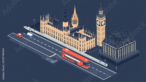 London landmark isometric view, with iconic parliament buildings and a double-decker bus.  Cityscape illustration