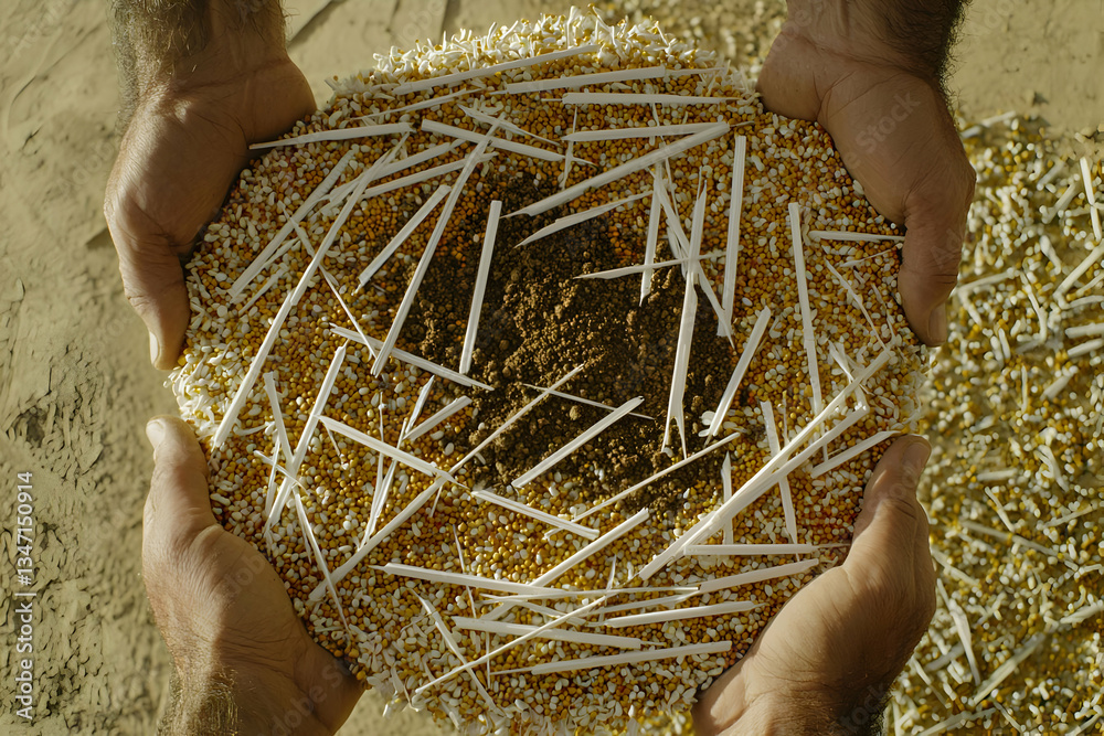 Men holding bioplastic, beach background