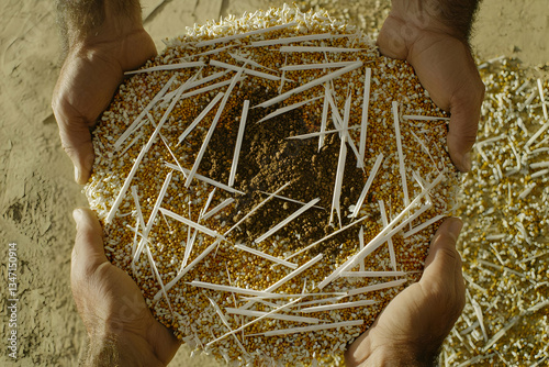 Men holding bioplastic, beach background