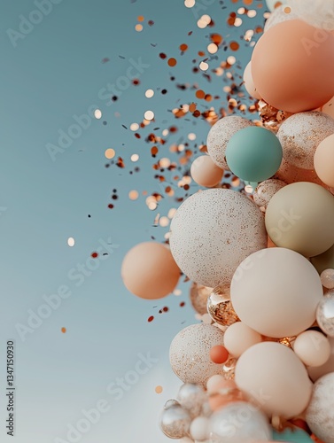 party celebration setup An artistic arrangement of spheres and confetti glimmering against a serene background, evoking creativity and joy.