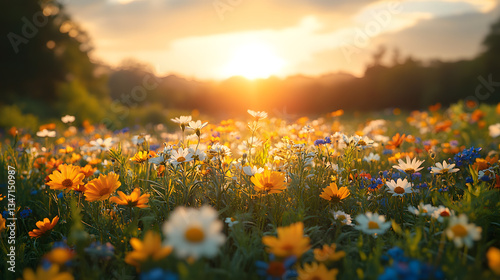 Wallpaper Mural A breathtaking photography showcasing a vast meadow during the evening, with soft, diffused sunlight casting long shadows over the vibrant wildflowers and lush grass. Torontodigital.ca