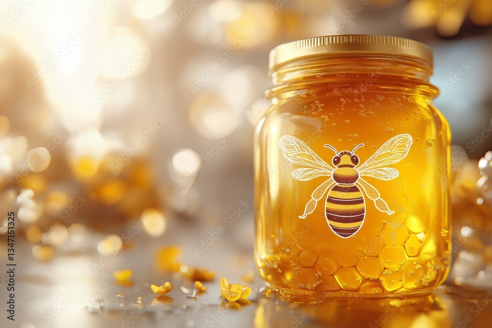 A minimalistic illustration of a honey jar featuring a bee design, surrounded by golden honey and floral elements A minimalistic illustration of a honey jar featuring a bee design, surrounded by golden honey and floral elements