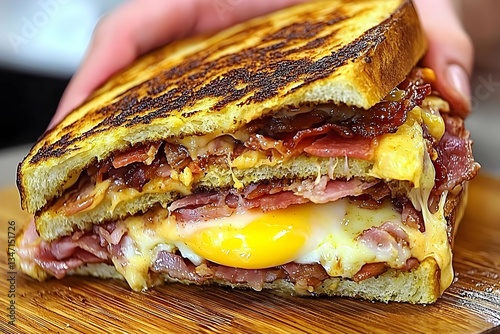Hand holding a gourmet breakfast sandwich