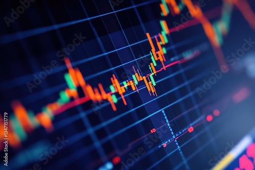 Widescreen Abstract financial graph with uptrend line and bar chart of stock market on blue color background