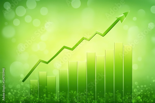 Widescreen Abstract financial graph with uptrend line arrow and bar chart of stock market on green color background
