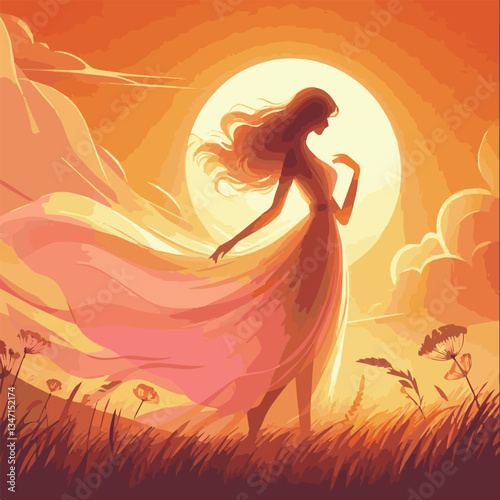 A girl walking in a field at dawn. Vector illustration with delicate sunny shades. EPS.