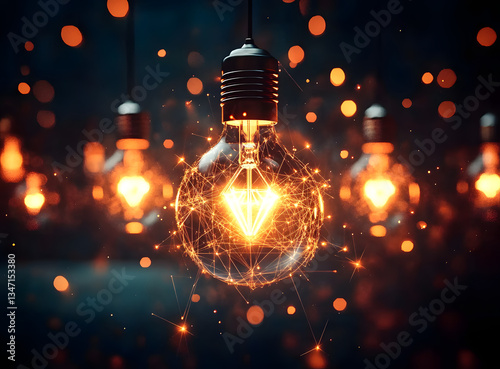 Illuminated light bulbs with glowing connections symbolize ideas and innovation in a digital network. Bright sparks and lines against a dark backdrop enhance the technological concept.