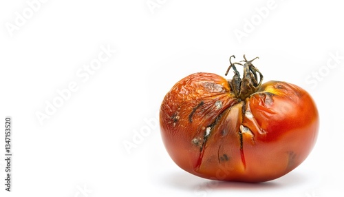 Close-up of rotten tomato on white background showing decay