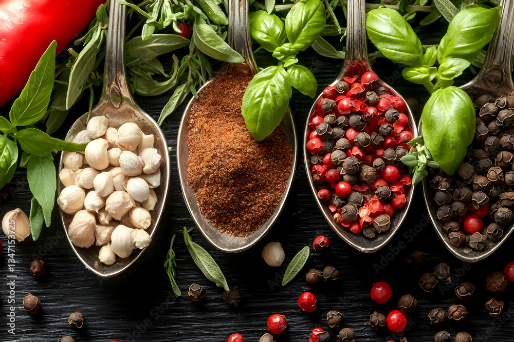 Spices in Spoons on Dark Wood