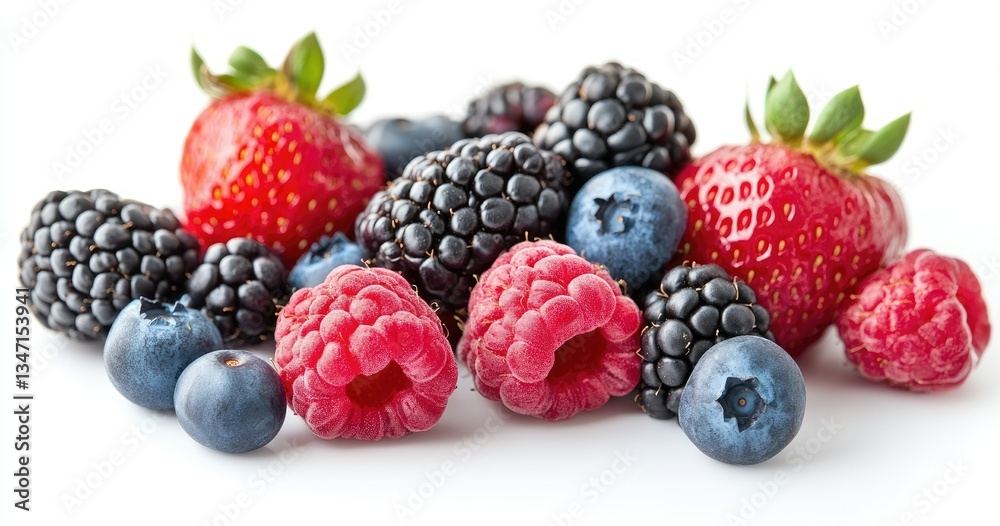 Assorted fresh berries. A mix of vibrant, juicy berries, including strawberries, blueberries, blackberries, and raspberries, arranged on a white background Assorted fresh berries. A mix of vibrant, juicy berries, including strawberries, blueberries, blackberries, and raspberries, arranged on a white background