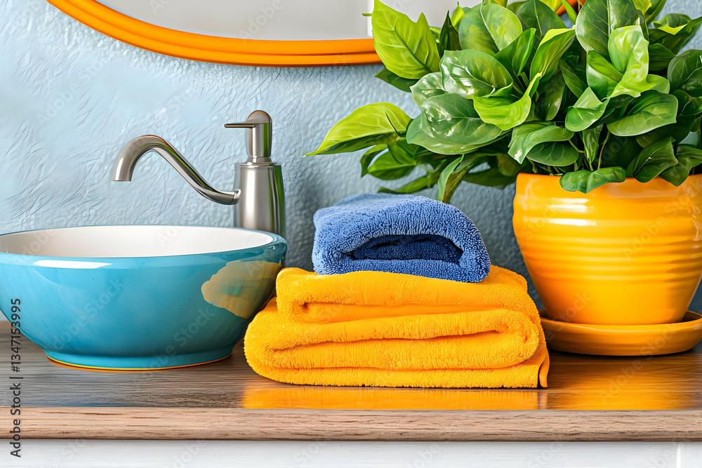 Colorful Bathroom Sink with Towels and Plant