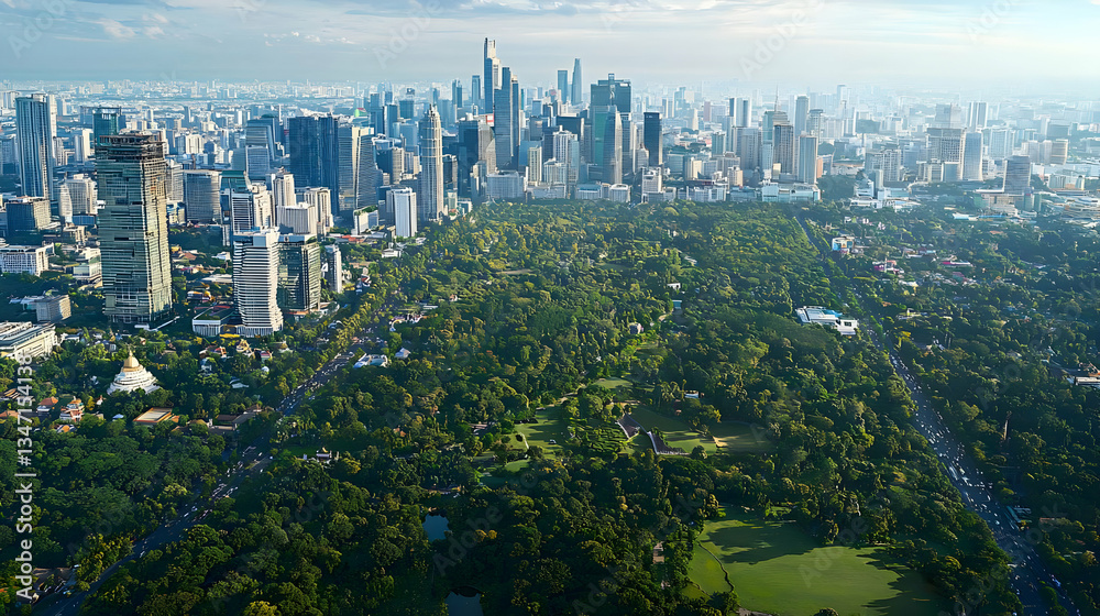 Obraz premium Aerial View Of Lush Green Park Surrounded By Dense Urban City With Blue Sky And Sunlight