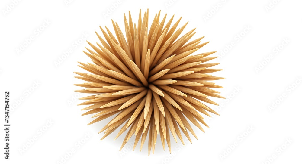 Obraz premium Top view of neatly arranged wooden toothpicks forming a circular spiky pattern on a white background.