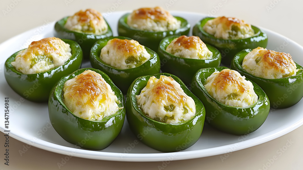 Plate of stuffed jalapeno poppers. the poppers are green in color and are arranged in a circular pattern on a white plate.
