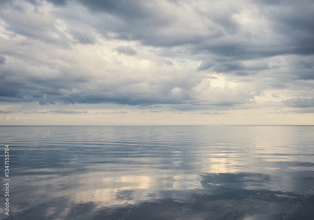 Obraz premium 穏やかな海に映る、灰色と金色の雲の静かな風景