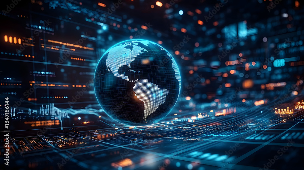 A digital representation of the Earth surrounded by data visuals and graphs in a futuristic financial setting at night A digital representation of the Earth surrounded by data visuals and graphs in a futuristic financial setting at night