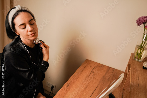 A side profile of a woman shows her applying a metal roller to her face. Her focused expression reflects a mindful self-care moment. The warm tones enhance the image's tranquility.