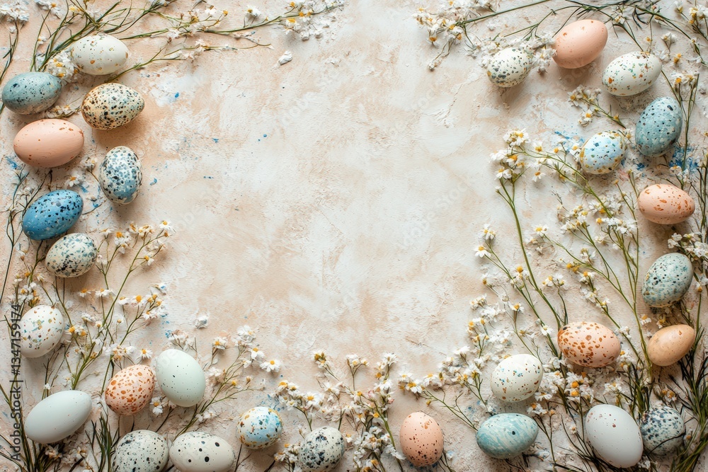 Obraz premium Decorative frame created from painted eggs and delicate flowers Generative AI
