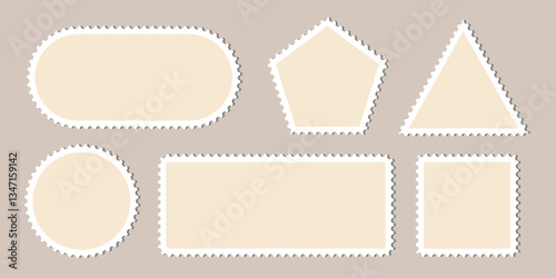 Post stamp set Ellipse square triangle circle rectangle shapes. Old postal stamps with perforate edges. Blank postage frame template. Great for vintage design, retro letter graphic, DIY project