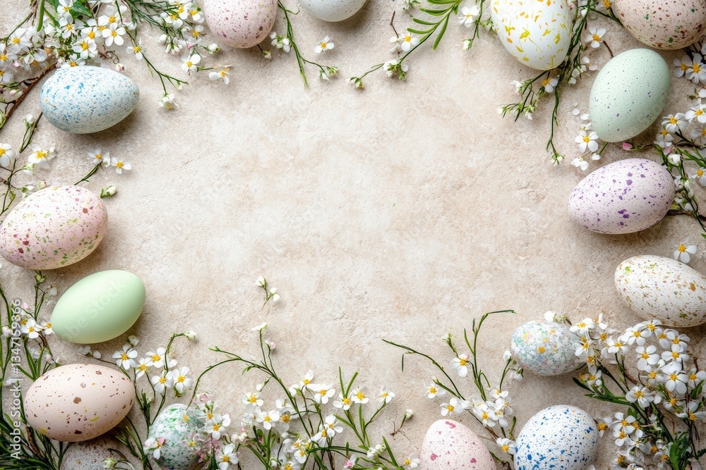 Obraz premium Colorful painted eggs create a beautiful frame with delicate flowers Generative AI
