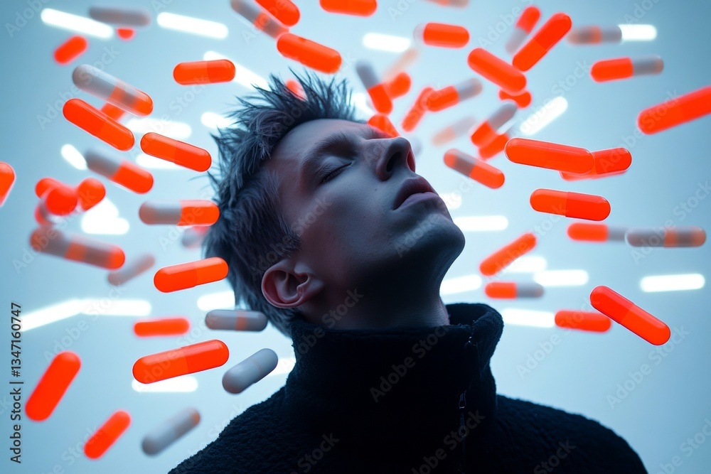Metaphorical opioid withdrawal emotions of a mental illusion. Brainwave disruption. Reality distortion. Hallucination - due to opioid withdrawal: abstract image of individual status. Brain.