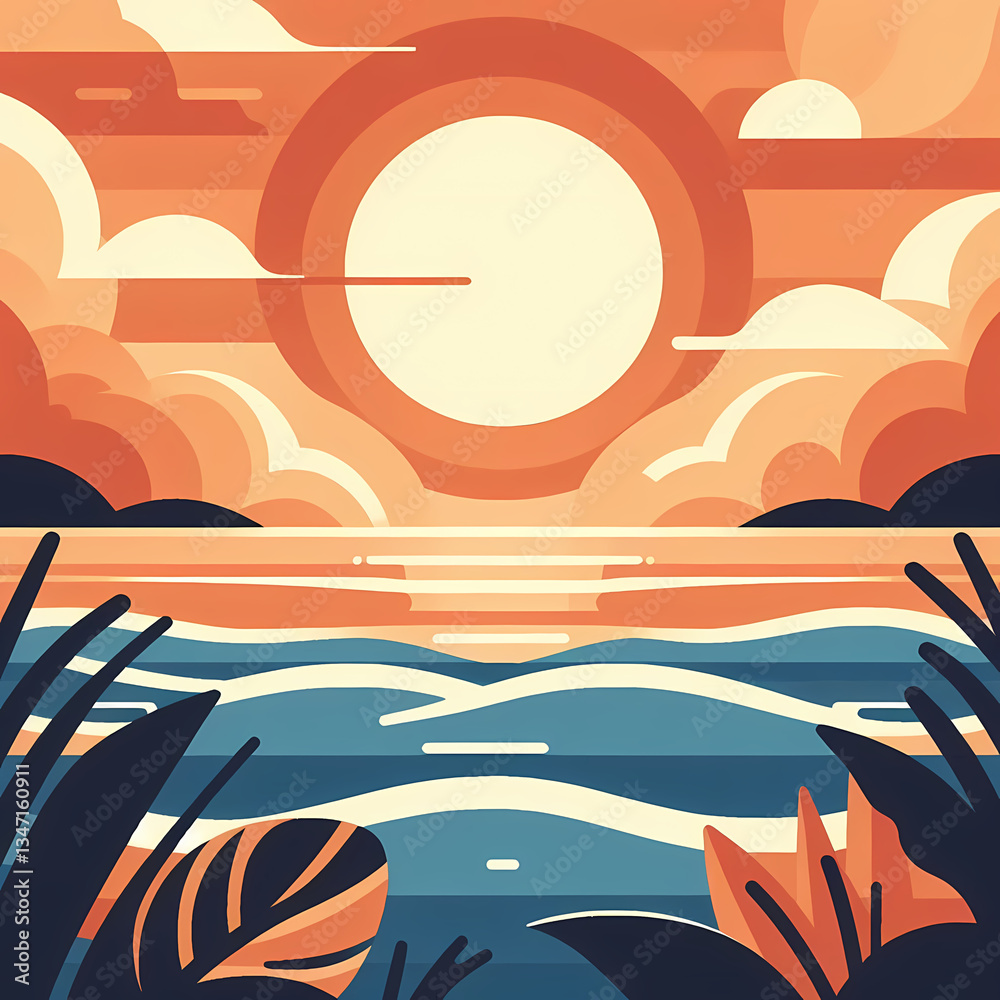 Obraz premium Flat vector illustration of a sunset over the ocean, featuring a warm color gradient, clean and simple design, and a peaceful seascape, representing tranquility, relaxation, and tropical travel.