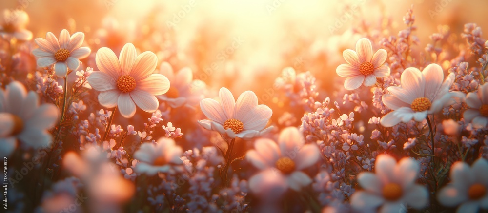 Fototapeta premium Sunlit field of daisies and wildflowers at sunset.