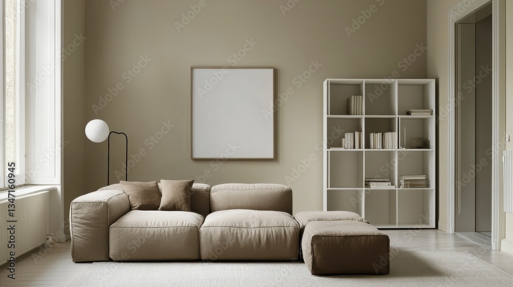 Fototapeta premium Beige Modular Sofa in Minimalist Living Room with White Shelving