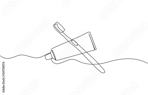 One continuous single drawing line art flat doodle dental, care, tooth, toothbrush, Line art, one continuous line, Continuous line drawing toothbrush with toothpaste.