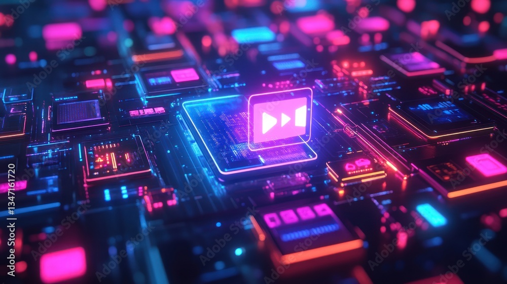 Fototapeta premium Play button on glowing circuit board