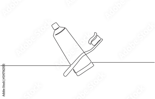 Continuous one line drawing of brush with toothpaste vector illustration, Continuous one line drawing of toothbrush and toothpaste, one line art toothbrush and toothpaste.