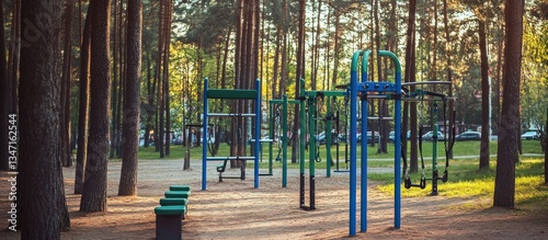 Outdoor Fitness Equipment in a Pine Forest