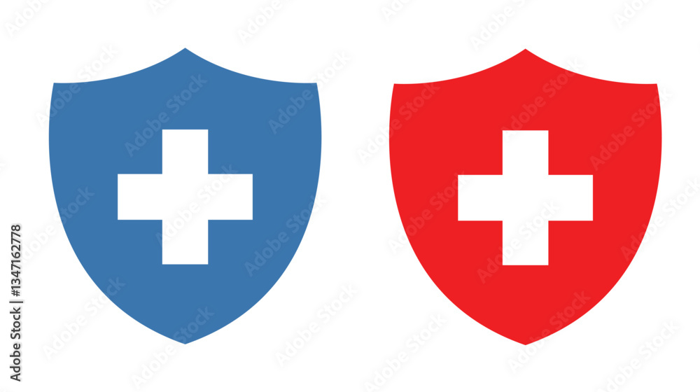 Obraz premium Medical shield icons in blue and red on white background