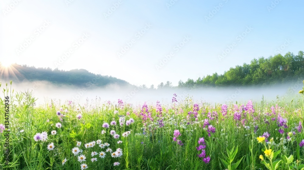 Blooming Meadow in Morning Mist: A captivating view of a vibrant wildflower meadow basking in the gentle morning light, shrouded in a delicate layer of mist, evoking tranquility and natural beauty. Blooming Meadow in Morning Mist: A captivating view of a vibrant wildflower meadow basking in the gentle morning light, shrouded in a delicate layer of mist, evoking tranquility and natural beauty.