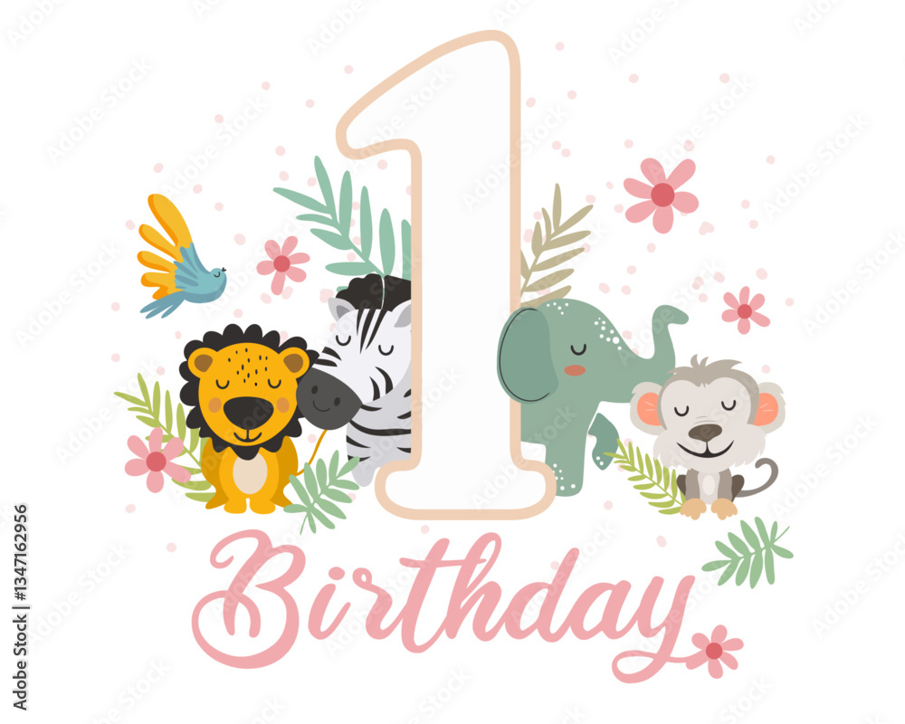Fototapeta premium Cute Jungle Animals First Birthday Clipart. Vector illistration.