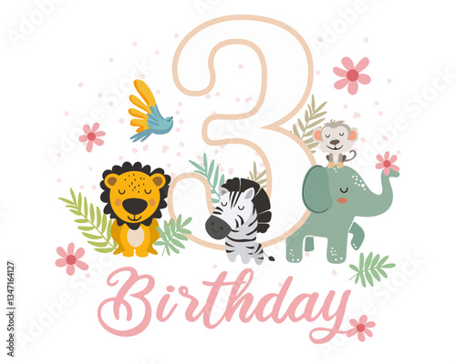 Cute Jungle Animals 3rd Birthday Clipart. Vector illistration.