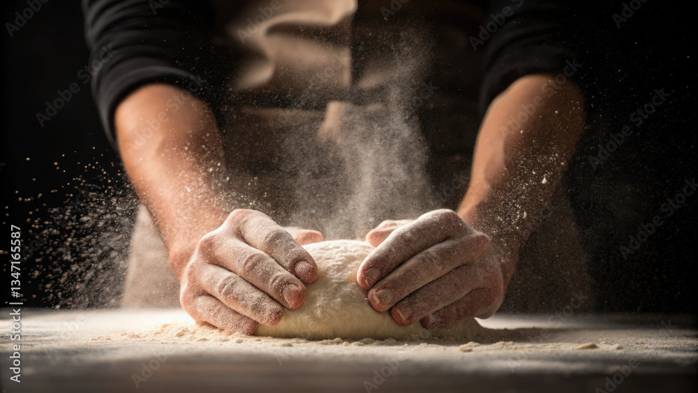 Kneading dough with flour covered hands, baker creates perfect texture, showcasing art of baking Kneading dough with flour covered hands, baker creates perfect texture, showcasing art of baking
