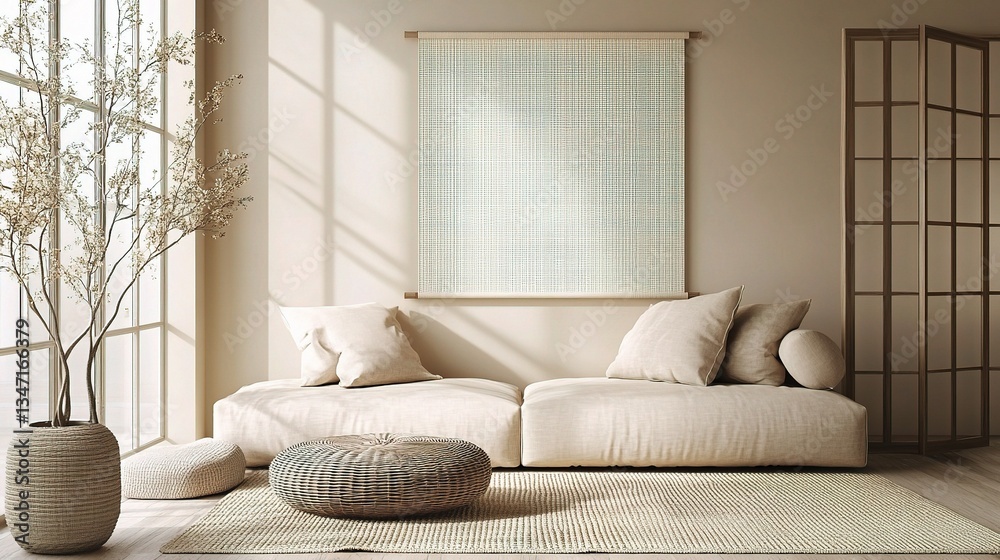 Fototapeta premium Cozy Japandi Style Living Room with Beige Sofa and Natural Decor