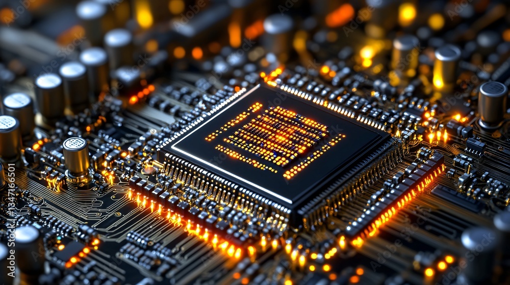 High-tech close-up of an advanced microchip on a circuit board illuminated with futuristic blue and orange lights.
High-tech close-up of an advanced microchip on a circuit board illuminated with futuristic blue and orange lights.