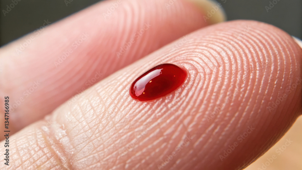 Fototapeta premium close up of blood droplet resting fingertip, showcasing intricate skin textures and vivid red hue. image evokes sense