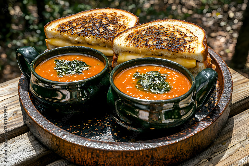 Grilled cheese & tomato soup picnic lunch outdoors