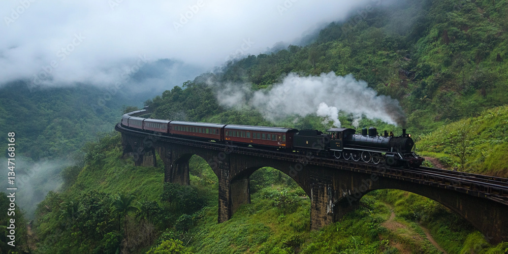Naklejka premium Train travels through misty mountain valley at dawn Generative AI