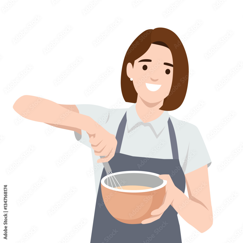 Smiling woman in an apron happily whisks ingredients in a mixing bowl, process of baking. Flat vector illustration isolated on white background Smiling woman in an apron happily whisks ingredients in a mixing bowl, process of baking. Flat vector illustration isolated on white background