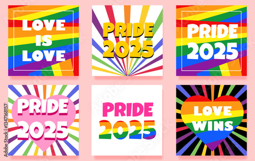 Set of Pride month 2025 logo card with flag. Vector banner, rainbow pride symbol with heart, LGBT, sexual minorities, gays and lesbians. Designer sign, logo 2025, icon colorful rainbow