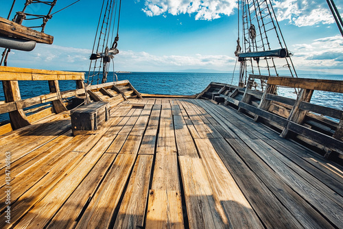 Ship deck with wooden planks overlooking the sea at sunset Generative AI