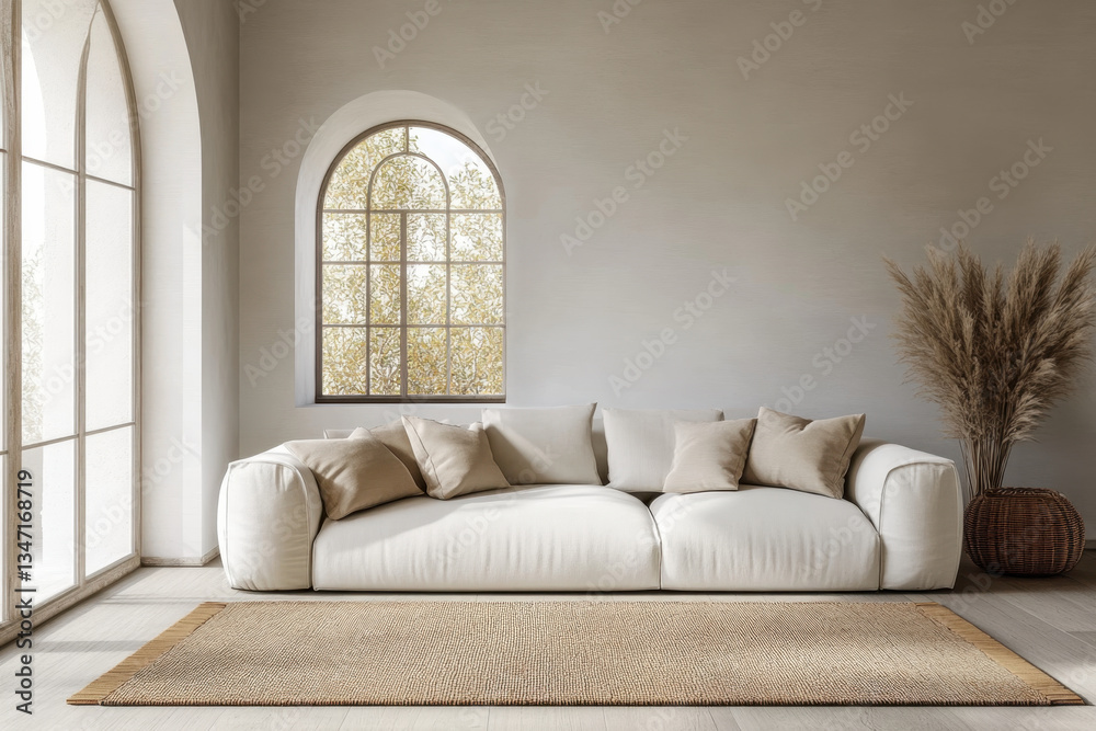 Fototapeta premium White couch in bright living room, large window.