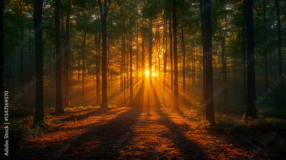 Fototapeta premium An enchanting photography of a forest clearing in the evening, with golden sunlight streaming through the trees, casting intricate patterns of light and shadow on the ground.