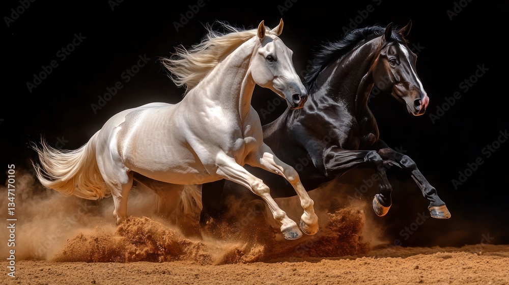 Fototapeta premium Two horses in motion, one white and one black, running on a dirt arena against a dark background. A dramatic and dynamic image